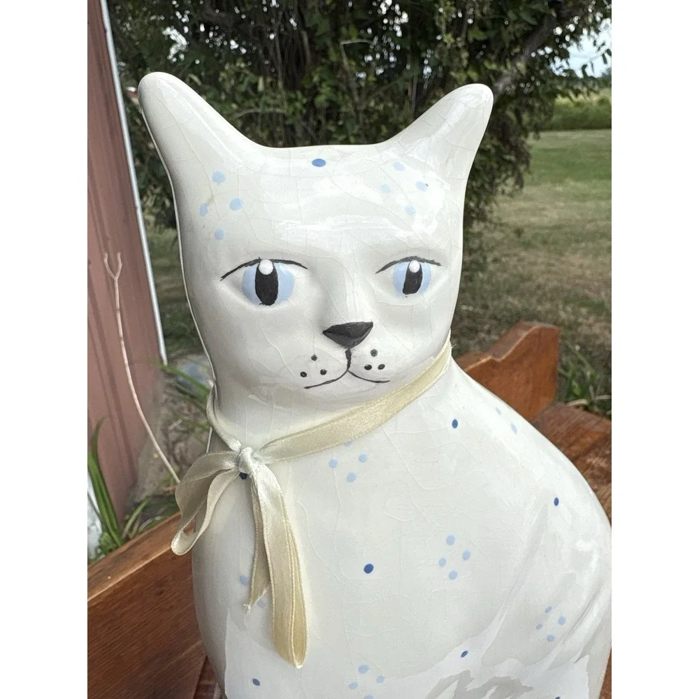 Ceramic White Light Blue Floral Cat Kitty Figurine 11